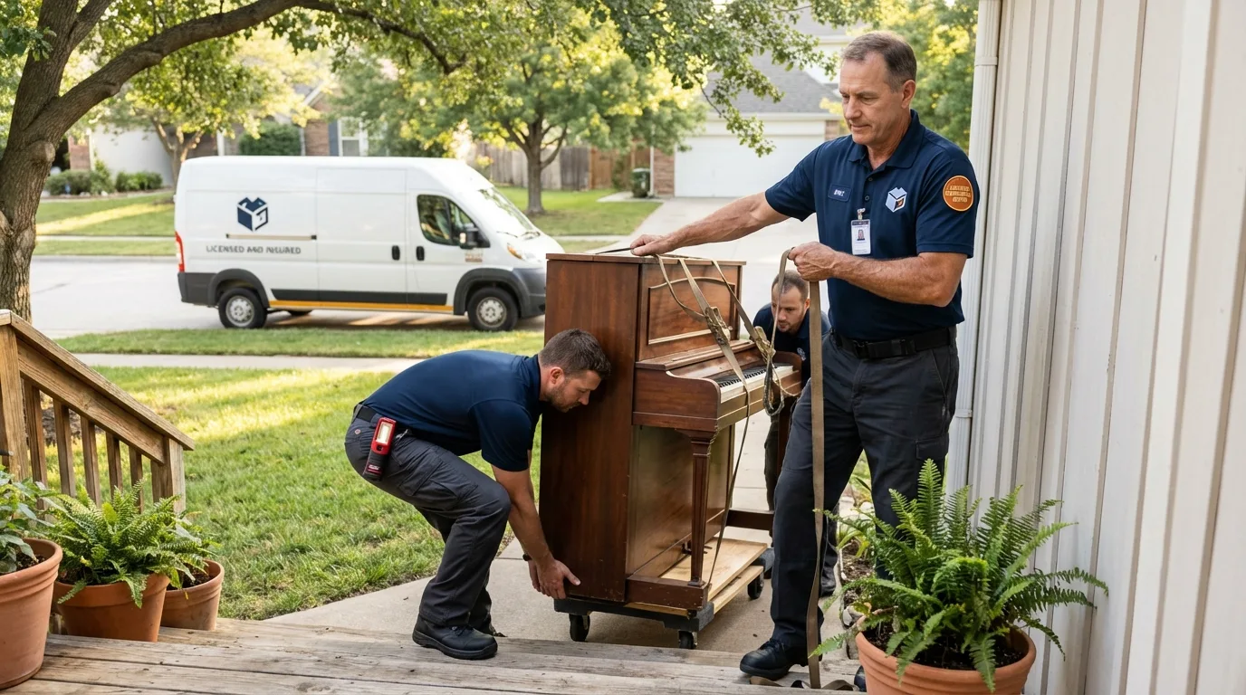 Licensed piano movers securing grand piano in Brush, CO