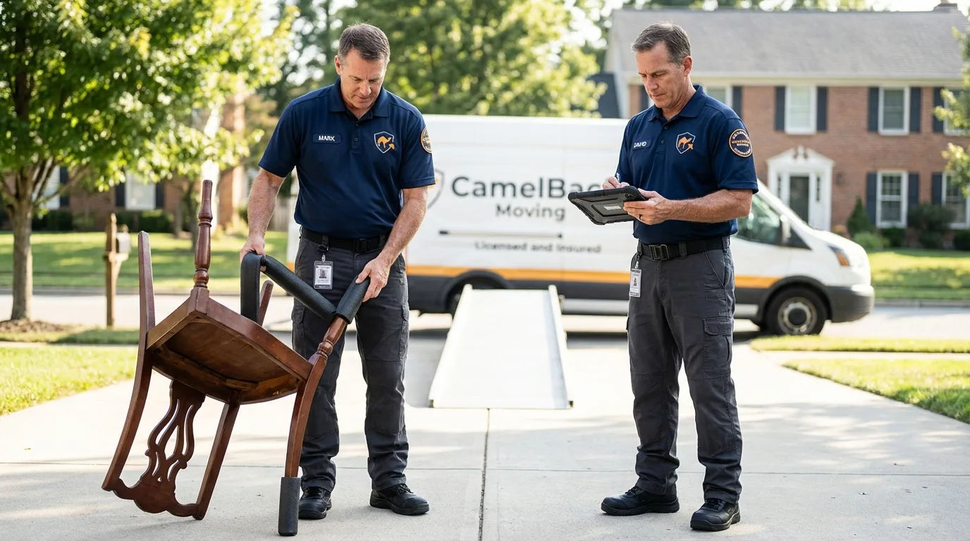 Movers inspecting furniture for damage prevention before loading in Brush, CO
