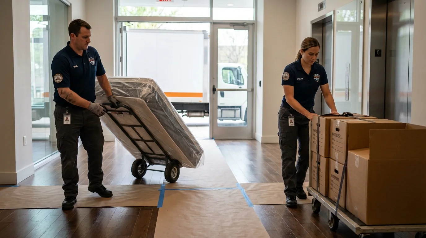 Professional apartment movers loading elevator in Brush, CO
